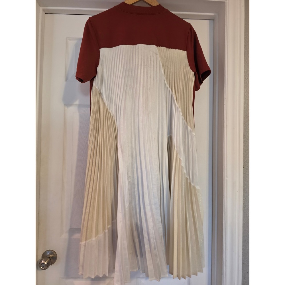 Clu Mixed Media Pleated Midi Dress XS Burgundy Colorblock Mock Neck WL18H4024 - Picture 10 of 11